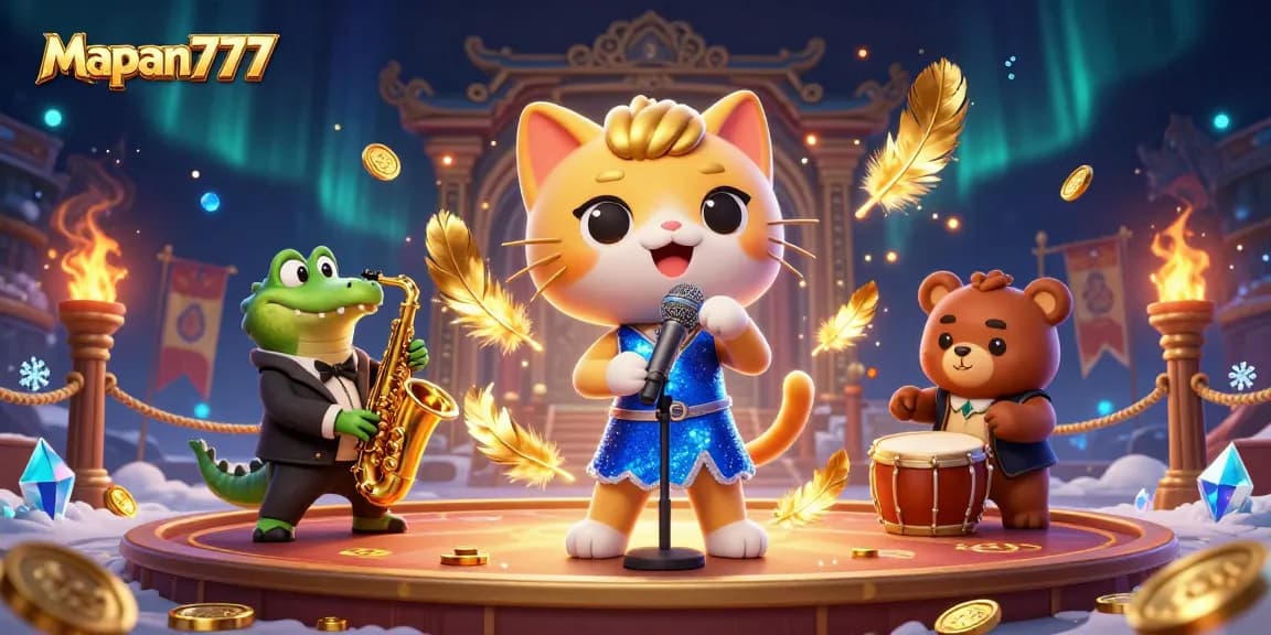 Mapan777 showcases a vibrant casino scene with jazz-singer cat, crocodile saxophonist, and bear drummer.