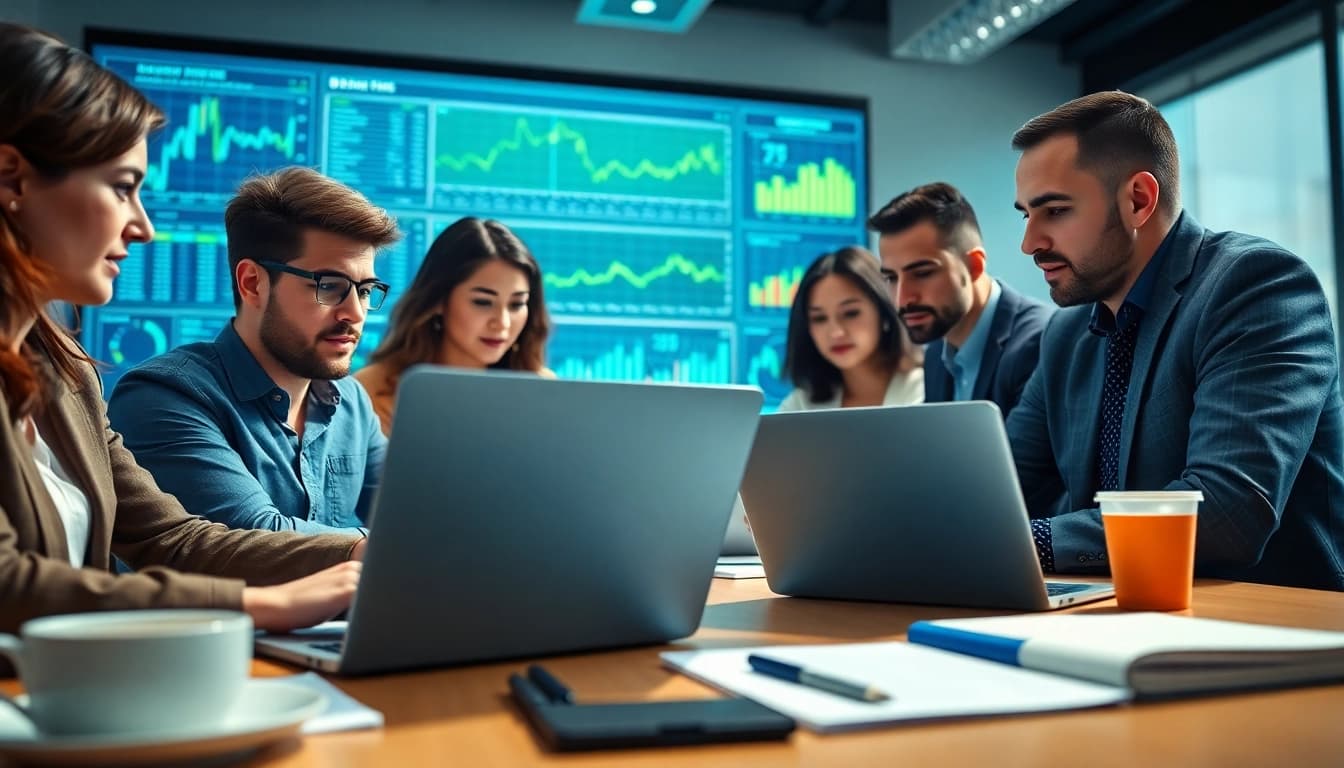 Team analyzing competitive intelligence data in a modern office environment, showcasing collaboration and strategy.