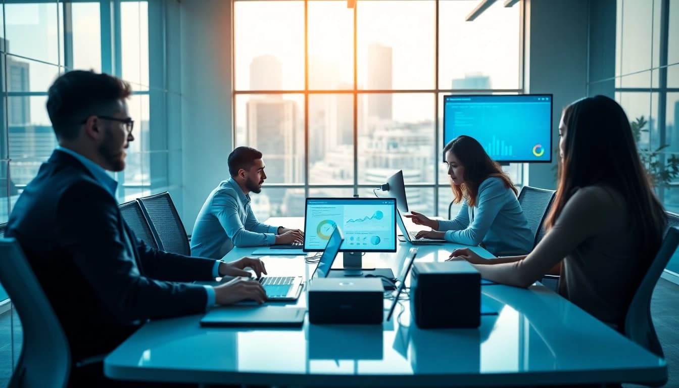 Showcase of a team collaborating on managed IT support services in a modern office.