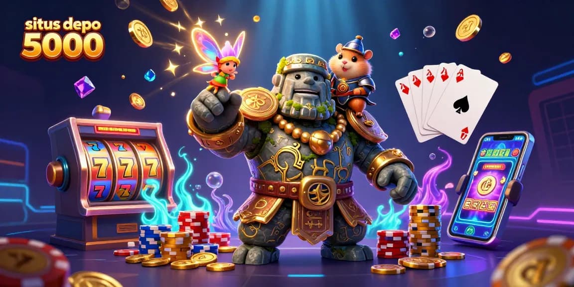 Mainkan situs depo 5000 dengan karakter golem kuno, peri, dan ksatria hamster dalam ilustrasi kasino yang kaya detail.