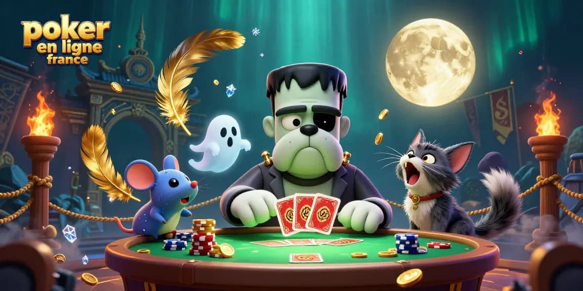 Jouez au poker en ligne France avec un bulldog monstre face à des jetons brillants et des couleurs vibrantes.