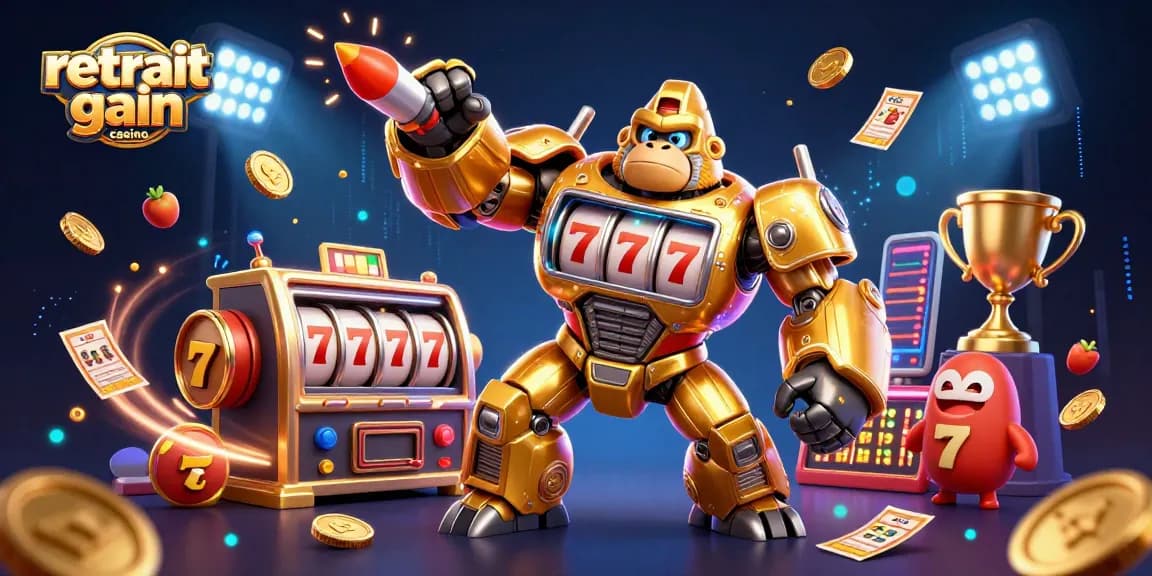 Illustration dynamique sur le retrait gain casino avec un gorille mech et des éléments de jeu.