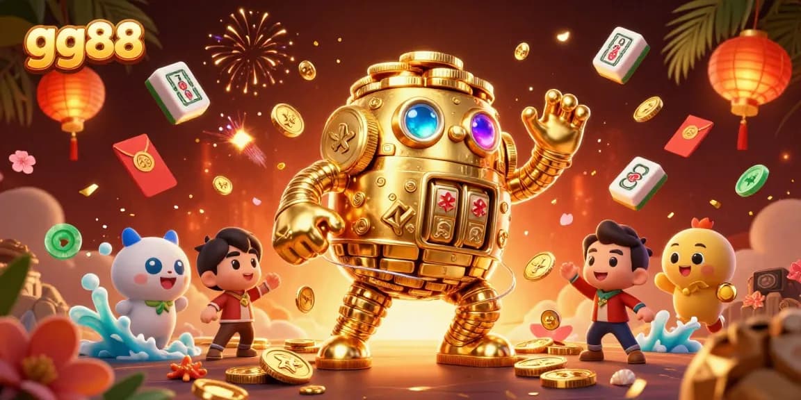 Engage with exciting games at gg88, featuring a dynamic golden golem surrounded by immersive casino elements.