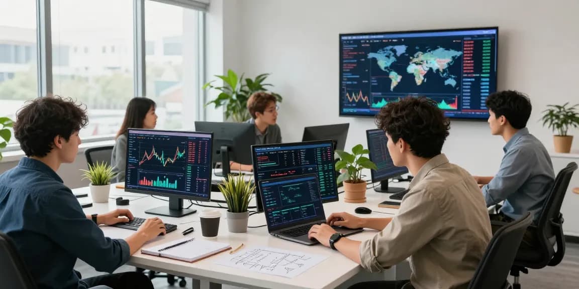 Germany stock fundamental data API illustrated in a fintech office with developers analyzing real-time market data and collaborating on strategies.