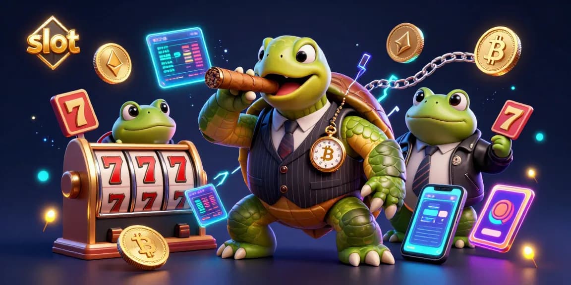 Spin and win with the slot-themed illustration featuring a cartoon turtle and bullfrog enforcers in a casino.