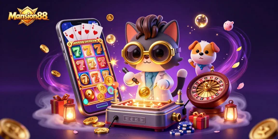 Mansion88 engages players with vibrant casino games and gleaming rewards in a stunning 3D illustration.