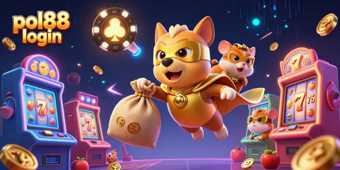Visualisasi pol88 login menampilkan superhero anjing terbang dengan koin emas di kasino slot.