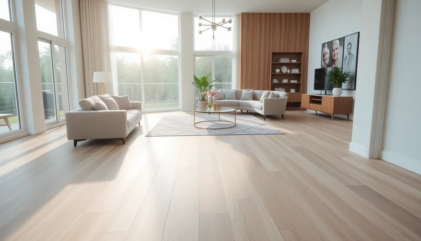 A beautiful living room showcasing waterproof vinyl flooring that mimics wood texture.