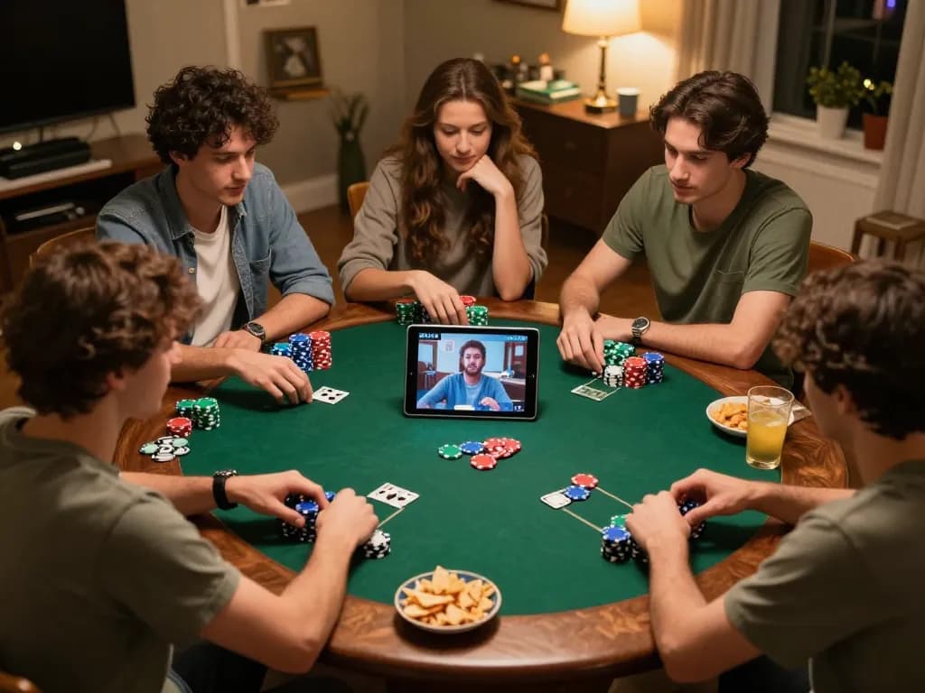 Teman-teman menikmati permainan poker online saat kumpul-kumpul di rumah, menampilkan chip dan strategi.