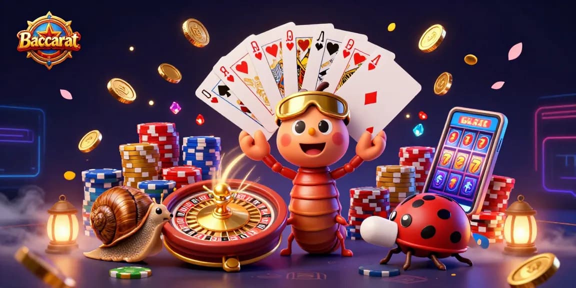 Baccarat table scene with a millipede dealer and high-roller snail demonstrating card strategies
