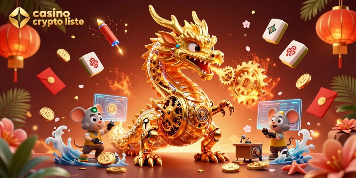 Jouez à la liste de casino crypto avec un dragon doré et des éléments de jeu dynamiques.