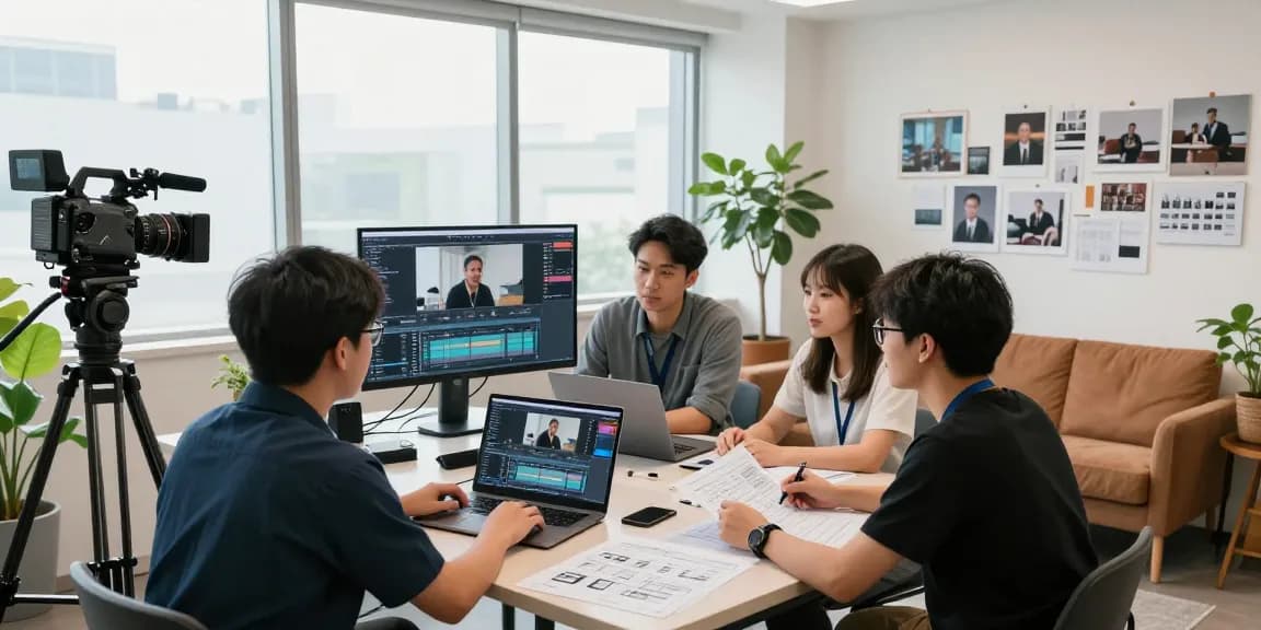 Engaging collaboration in a professional video production studio, showcasing the best corporate video production company Singapore in action.
