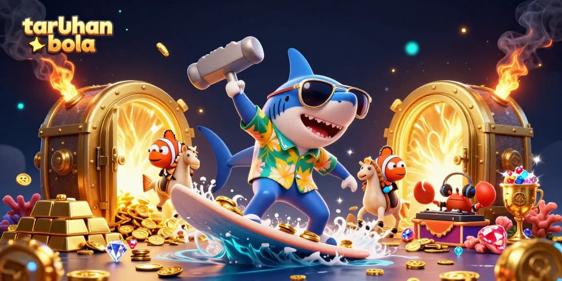 Experience taruhan bola excitement as a shark, clownfish, and crab enjoy golden waves and treasures.