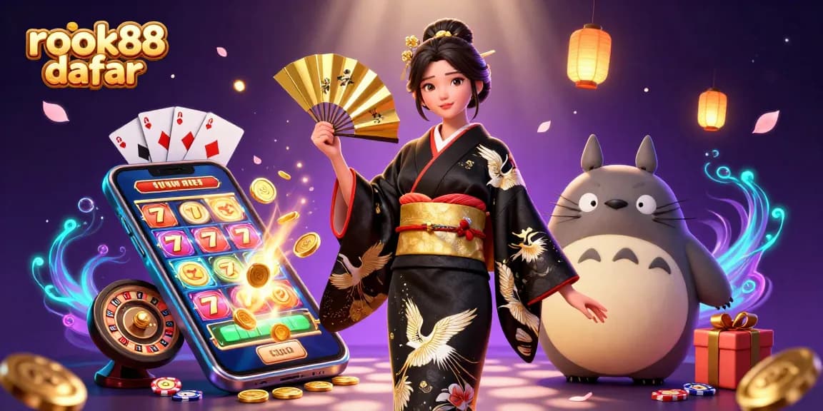 Engaging rokok88 daftar slot game promotion with traditional Asian characters amidst a rich casino scene.