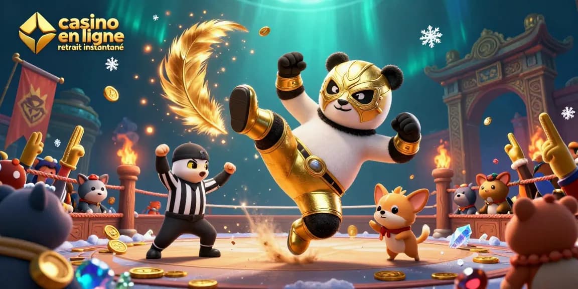 Illustration dynamique d'un casino en ligne retrait instantané avec panda lutteur et chihuahua arbitre, ambiance festive.