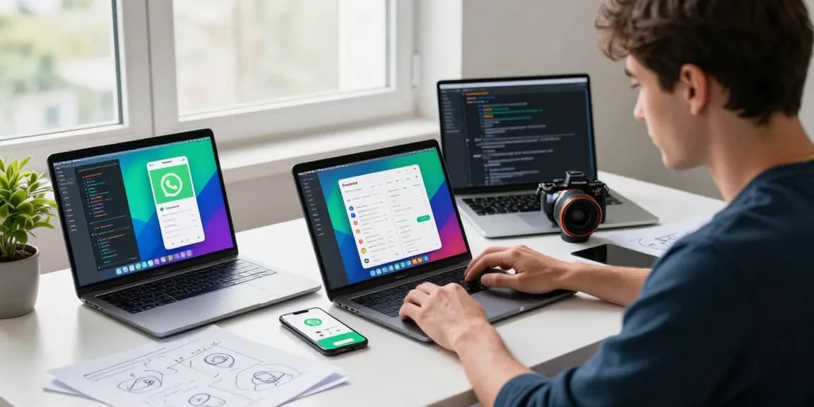 Developer focused on gb whatsapp apk project at modern desk with multiple devices, notes, and natural light.
