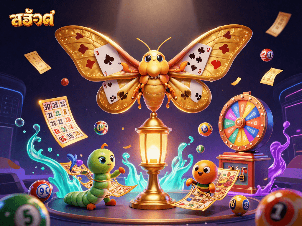 Play สล็อต with vibrant lottery elements and a colorful moth in a captivating online casino scene.