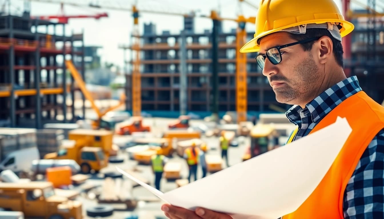 New Jersey Construction Manager reviewing plans on an active construction site.