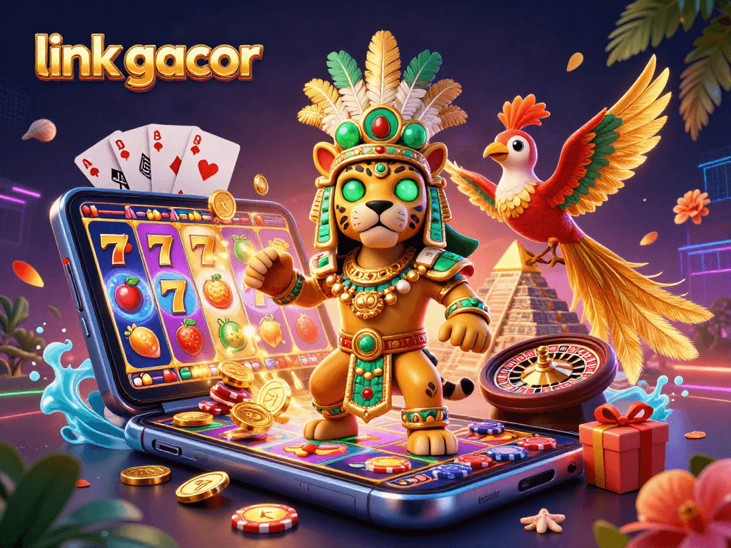 Experience the excitement of link gacor slots with vibrant, engaging casino elements in this 3D illustration.