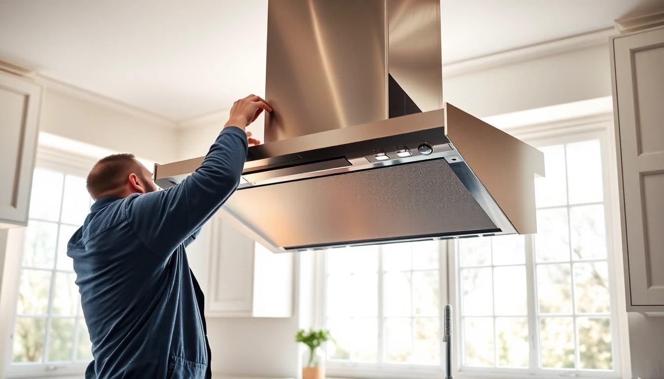 Technician performing exhaust hood installation in a bright kitchen.