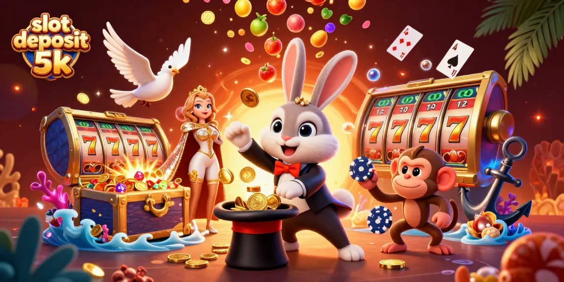 Experience the thrill of slot deposit 5k with our magical scene featuring playful casino characters and rich elements.