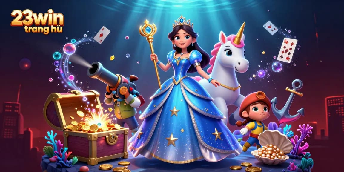 Experience the vibrant world of 23win trang chủ with an exciting casino adventure illustration full of treasures and wonders.