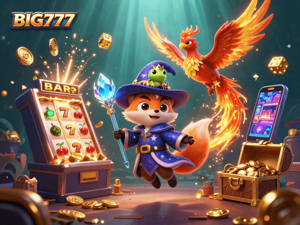 Engage with BIG777's mesmerizing jackpot scene filled with vibrant characters and explosive casino elements.
