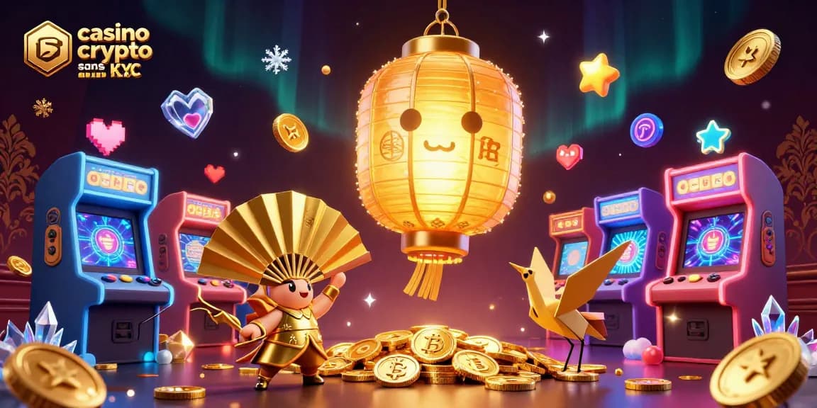 Illustration d'un casino crypto sans KYC 2026 avec des personnages en 3D animés entourés d'éléments de jeu.