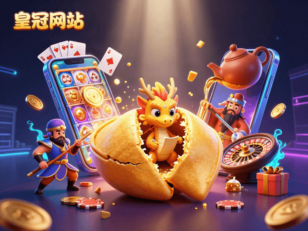 皇冠网址中的3D巨型金饼裂开，里面的小龙阅读幸运卷，散落的金色饼干渣和刺激的轮盘元素整合。