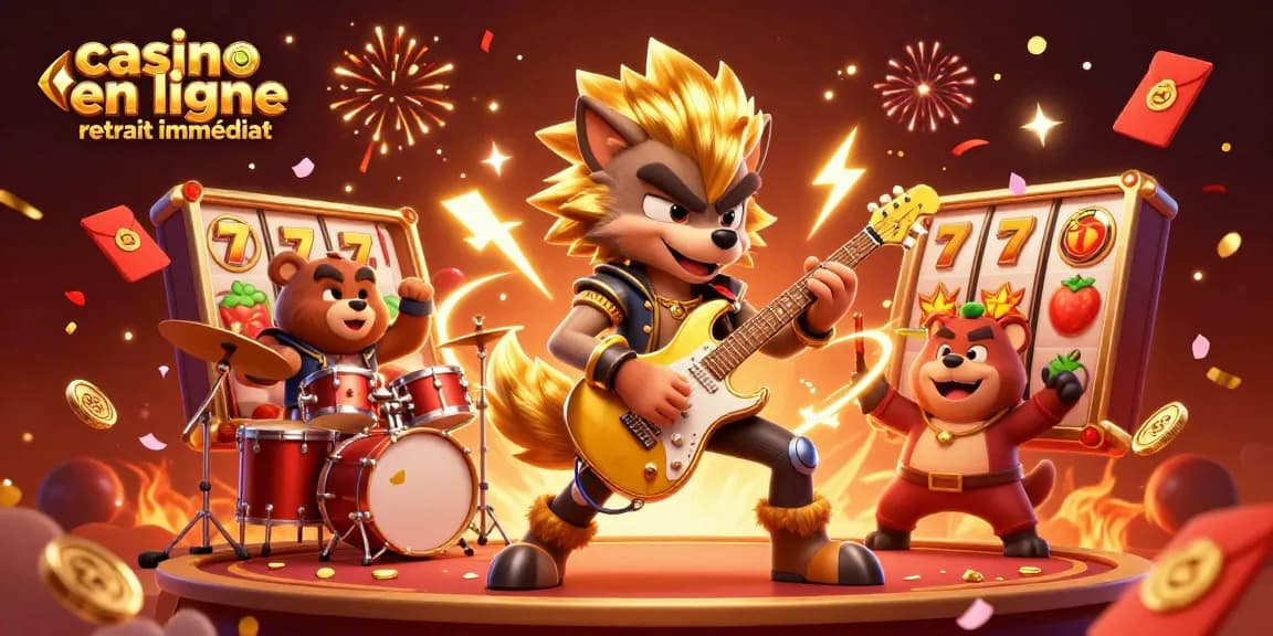 Des jeux de casino en ligne avec retrait immédiat, illustrés par un loup rock star et un ours batteur.