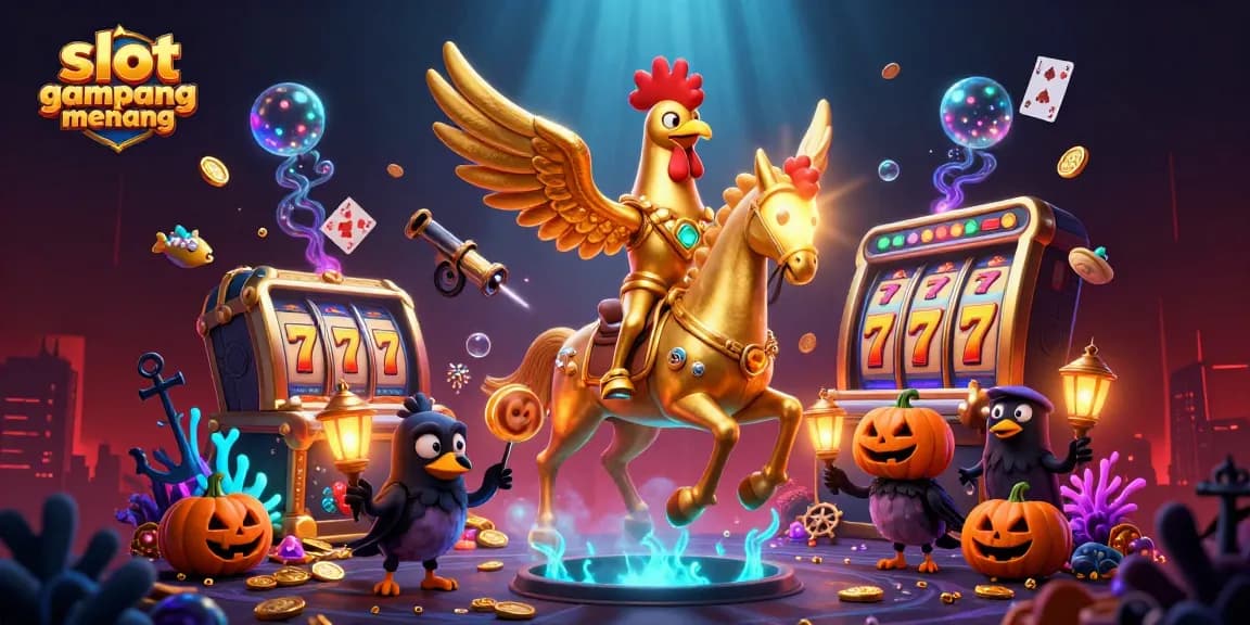 Permainan slot gacor gampang menang dengan roosters bertopeng emas dan pemandangan kasino malam menarik.