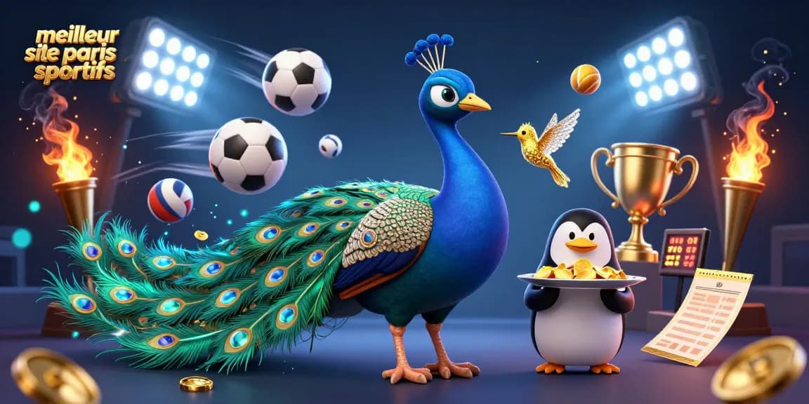 Le meilleur site de paris sportifs : illustration dynamique avec un paon, un pingouin et un colibri en action parmi de nombreux ballons de sport.