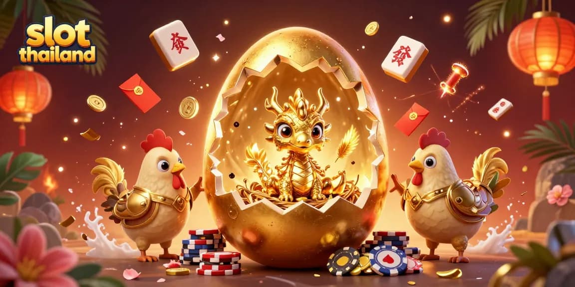 Mainkan slot thailand dengan baby dragon emas yang muncul dari telur, dikelilingi hadiah gemerlap.