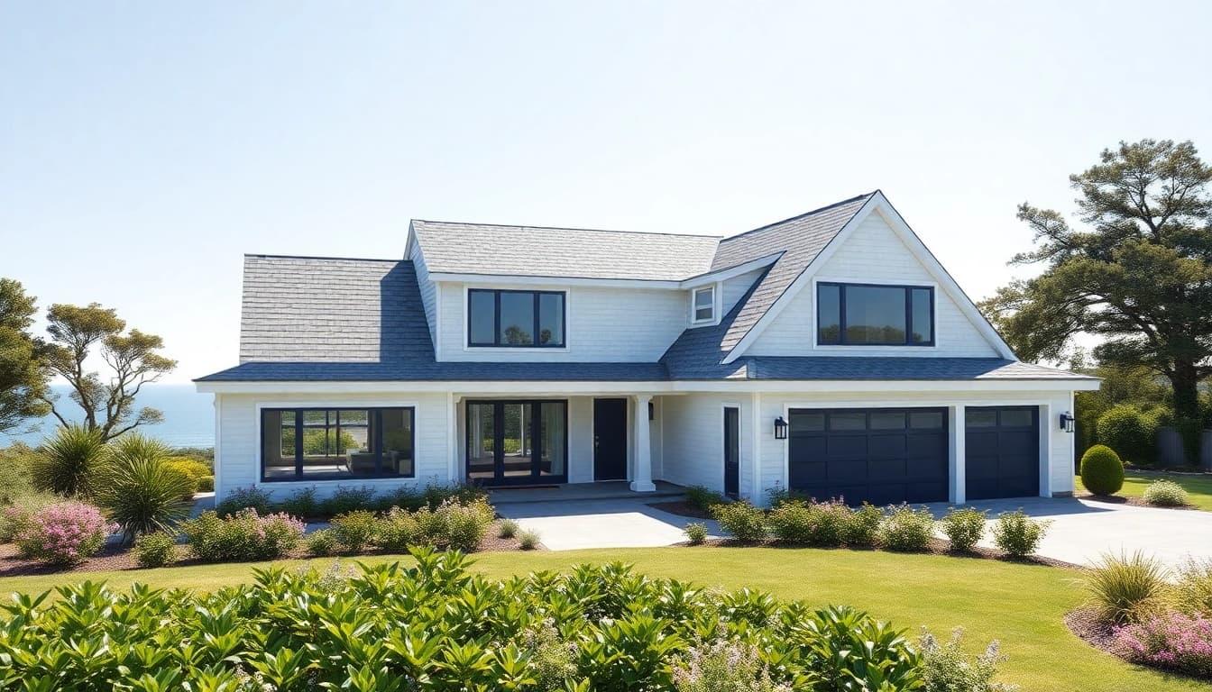 Showcase a sophisticated cape cod home addition highlighting modern architecture and serene coastal views.