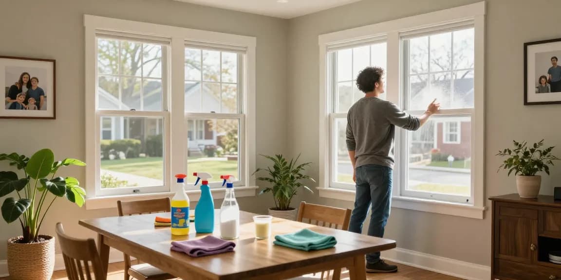 Homeowner demonstrating how to get rid of gasoline smell in house by opening windows and using cleaning supplies.