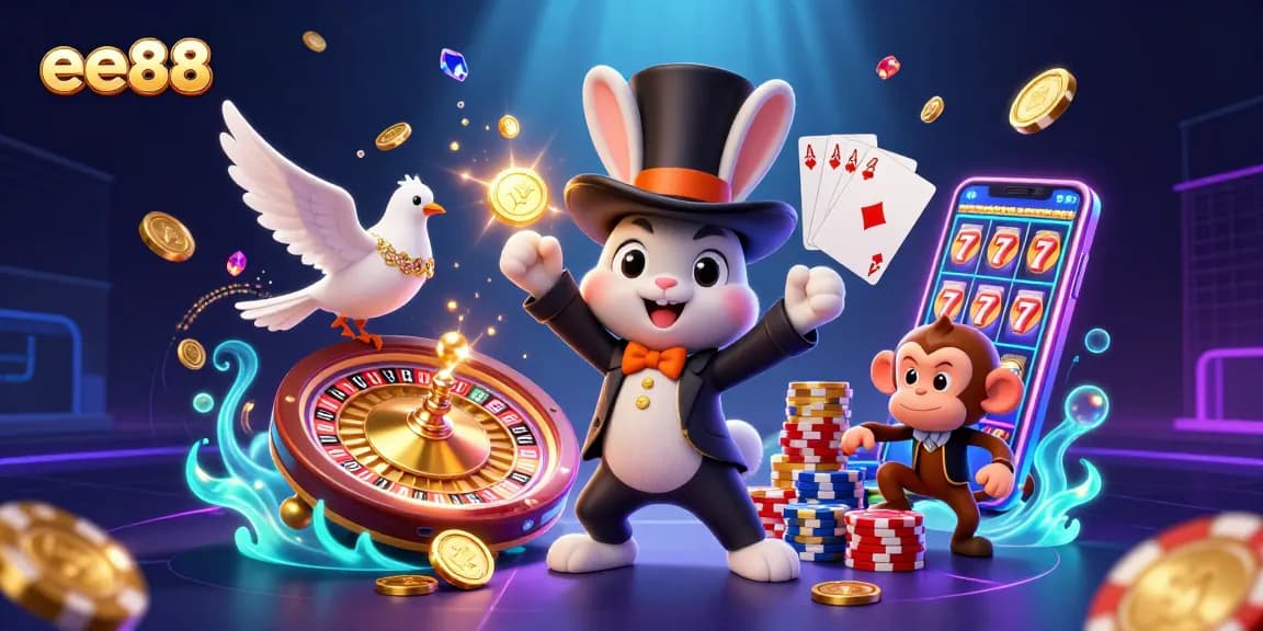 Test your luck with ee88's lively scene of a magician rabbit pulling coins and poker chips in action.