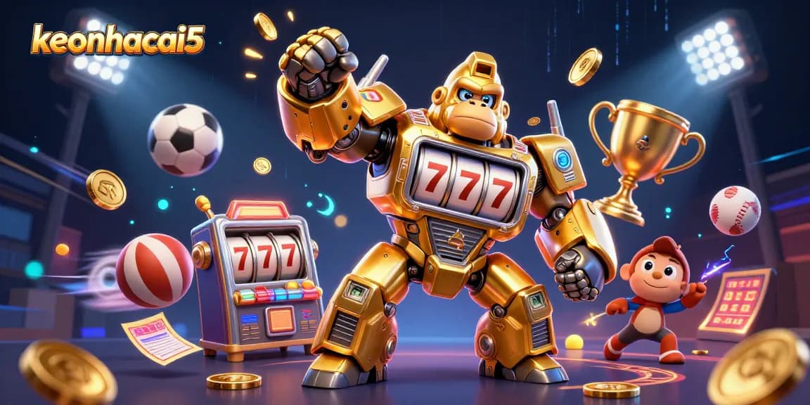 Engage in sports betting with keonhacai5 featuring a dynamic gorilla mech and betting elements.