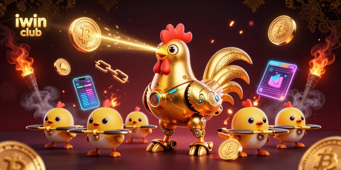 Engage with iwin club's exciting gaming experience featuring a golden rooster robot and vibrant crypto elements.