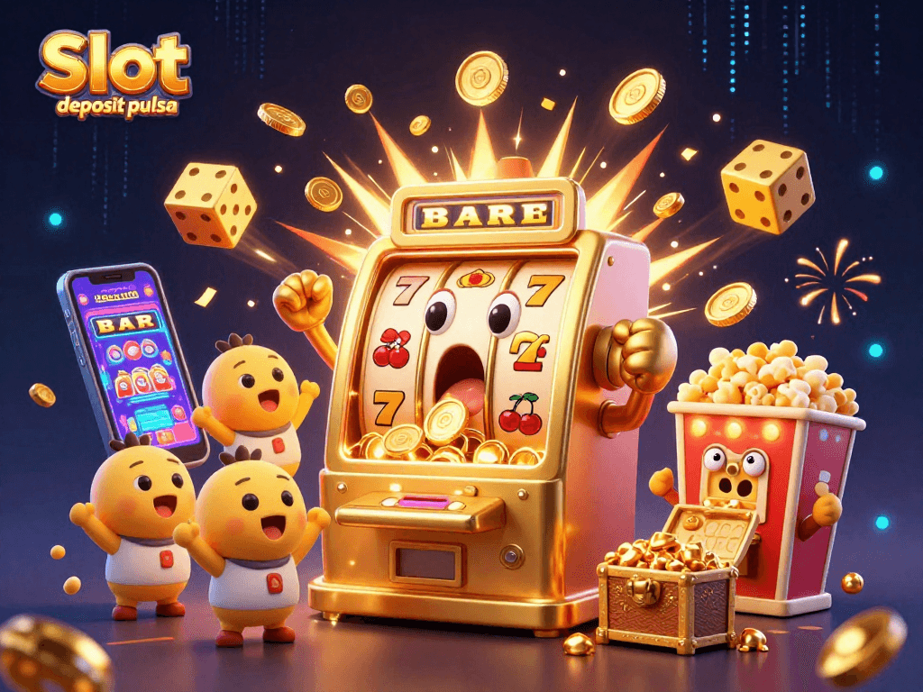 Slot deposit pulsa memperlihatkan mesin slot emas kartun yang terkejut menerima jackpot dengan koin berhamburan.