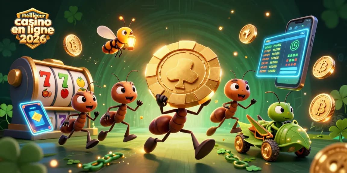Volez vers le meilleur casino en ligne 2026 avec une équipe d'ants audacieuses transportant un jeton de poker doré.