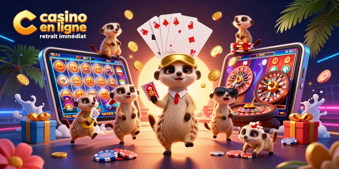 Profitez du casino en ligne retrait immédiat avec des meerkats animés gérant des jeux de casino.