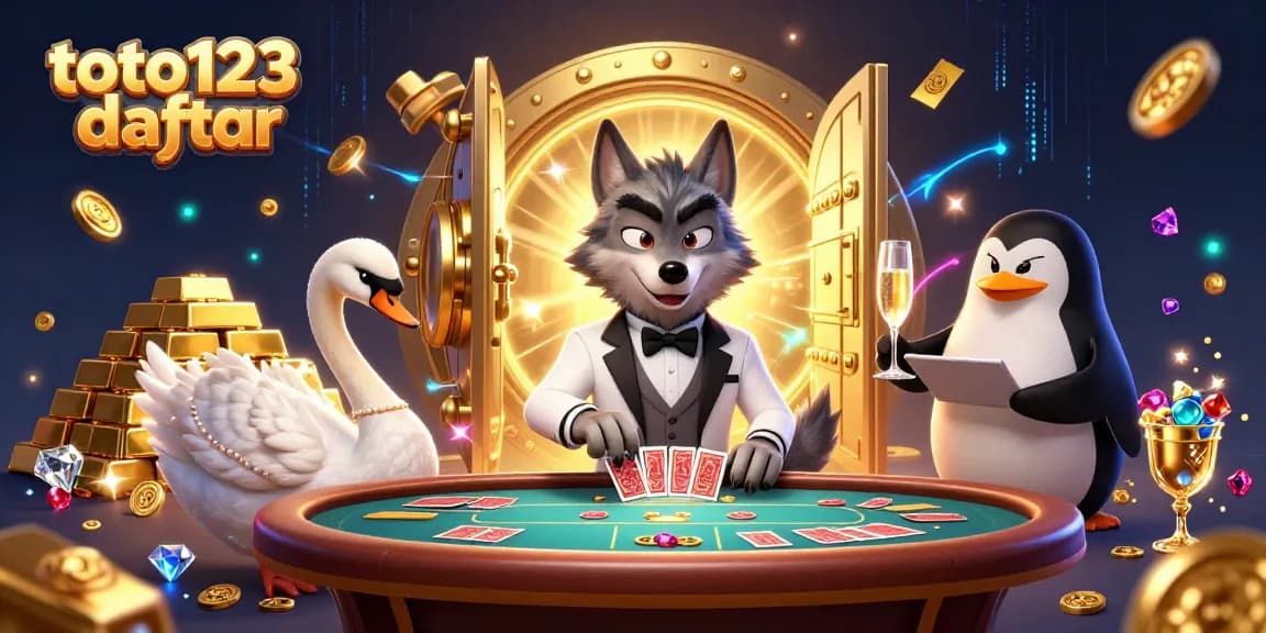 Toto123 daftar showcases an exciting baccarat scene with a wolf, swan, and penguin in a lavish casino.