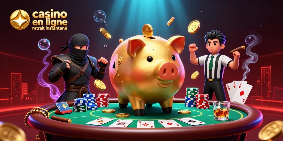Le casino en ligne retrait instantané met en avant un sumo en tirelire dorée défiant un ninja, sous des lumières vibrantes.