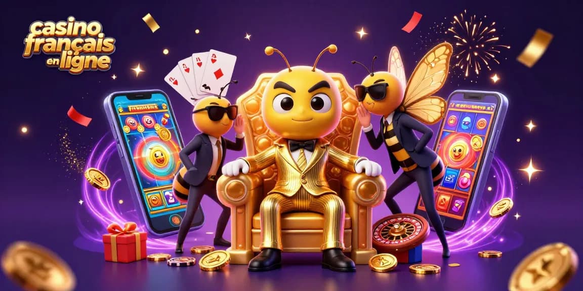 Une scène de casino français en ligne avec un boss abeille, gardes, et un smartphone affichant un jeu de machines à sous.