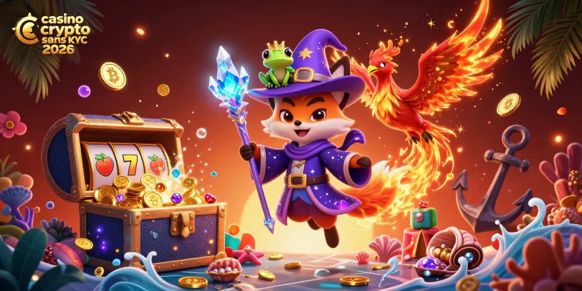 Image dynamique de casino crypto sans KYC 2026 avec un renard magicien et une phénix, créant des gains exceptionnels.