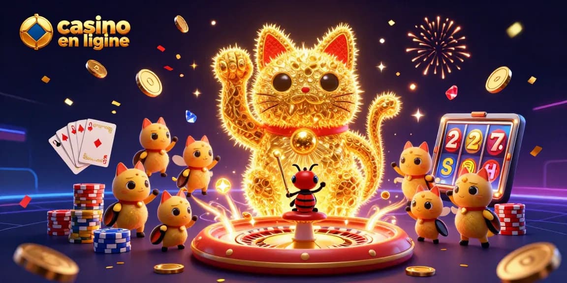 Casino en ligne avec un chat porte-bonheur entouré de jeux de casino et de pièces d'or.