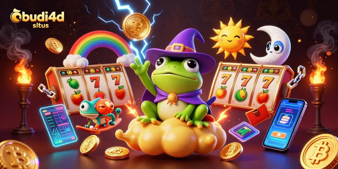 BUDI4D situs showcases an exciting 3D casino universe with characters releasing golden coins in a vibrant setting.