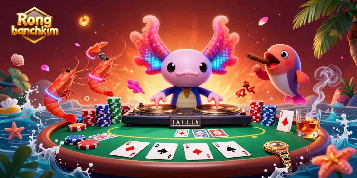 Experience the vibrant Rong bachkim themed illustration showcasing an axolotl DJ and lively characters in a casino atmosphere.