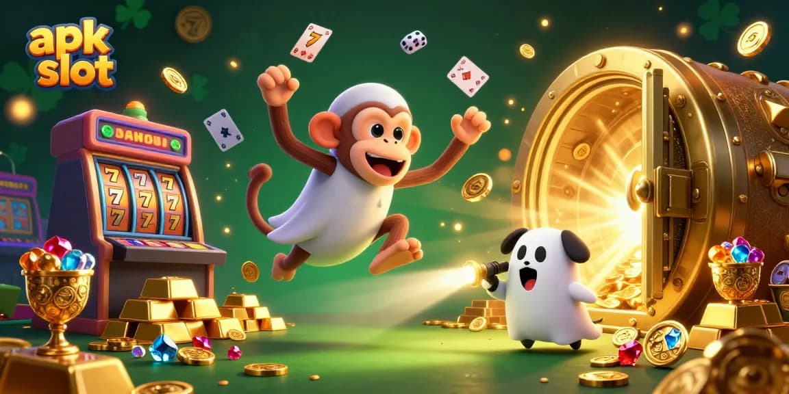 Jelajahi pengalaman menarik apk slot di kasino dengan gambar karakter ceria dan koin berkilau.