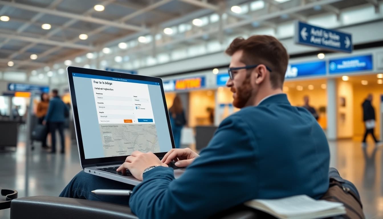 Efficiently completing the uk eta online application on a laptop in an airport.